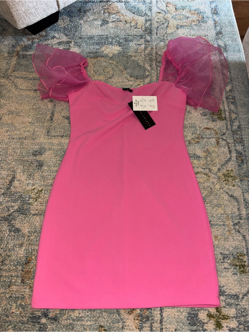 Bright Pink Mini thirty thirty Dress with Sheer Puff Sleeves NWT
